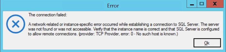SQL Server Connection Failed Message Window